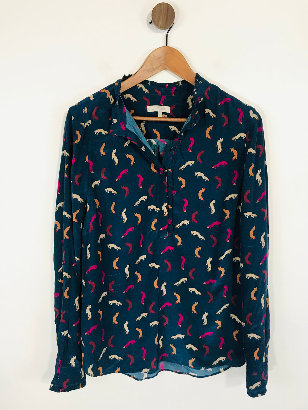 Hobbs Women's Frill Collar Fox Print Button-Up Shirt | UK10 | Blue