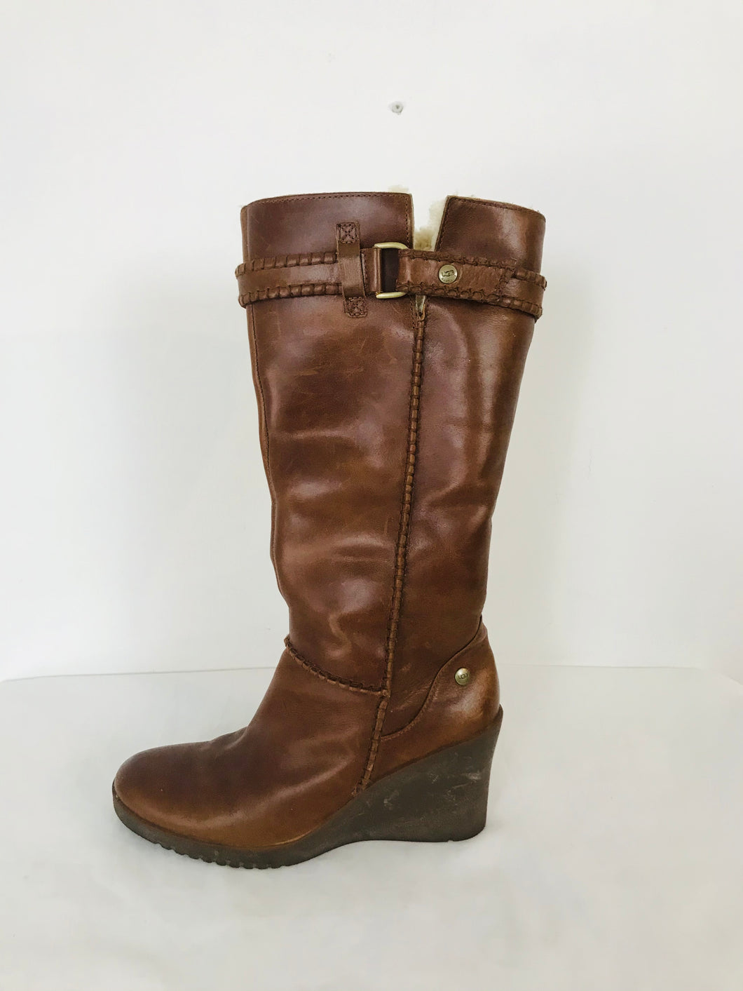 UGG Women’s Wedge Knee Fleece Lined Leather Boots | UK3 | Brown