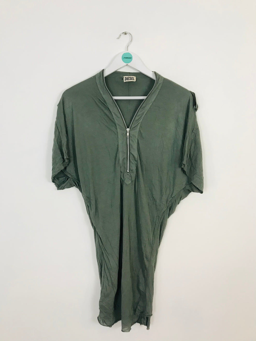 Diesel Women’s Batwing Sleeve Zip T-Shirt Top | L | Khaki Green