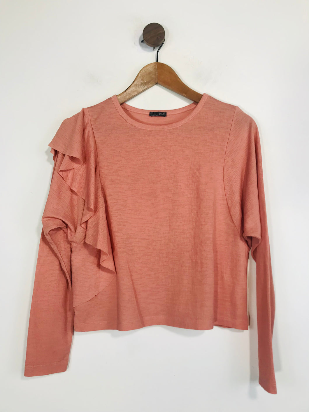 Zara Women's Ruffle Long Sleeve Crop T-Shirt | S UK8 | Pink