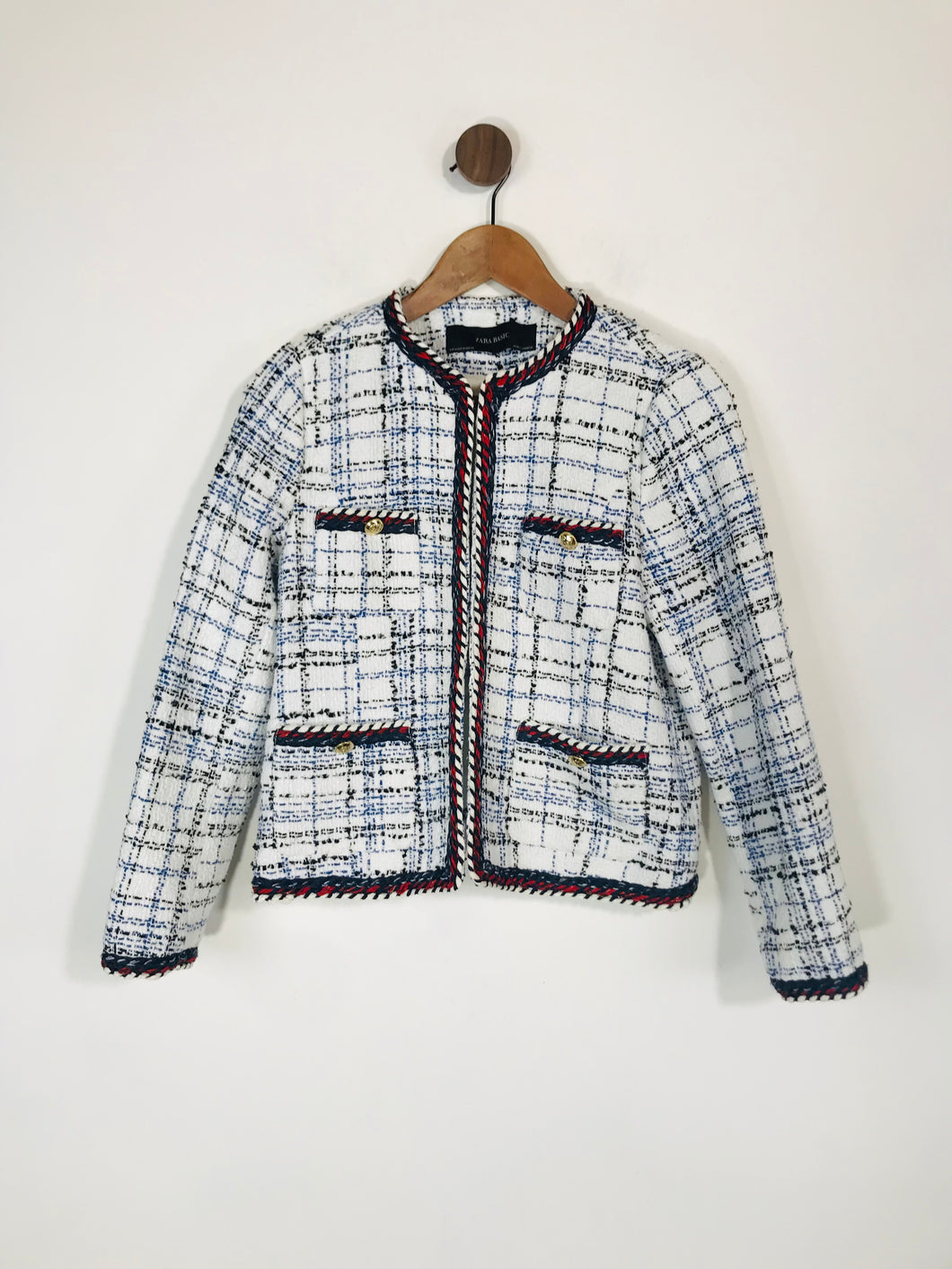 Zara Women's Check Tweed Blazer Jacket | M UK10-12 | White