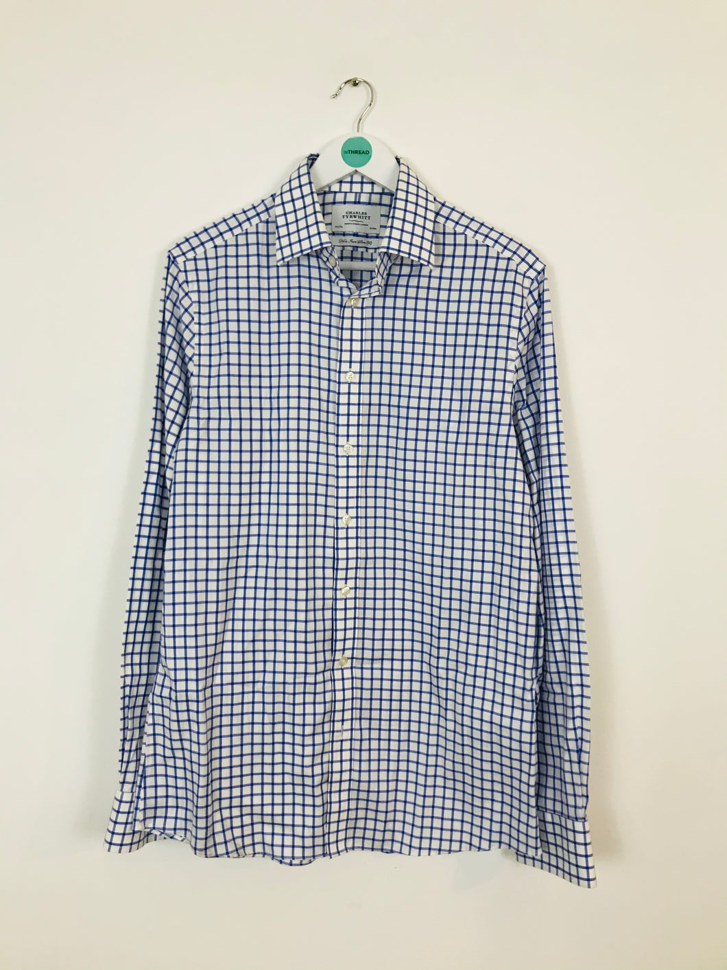 Charles Tyrwhitt Men’s Check Classic Shirt | 15.5/37” 39/94cm | Blue and white