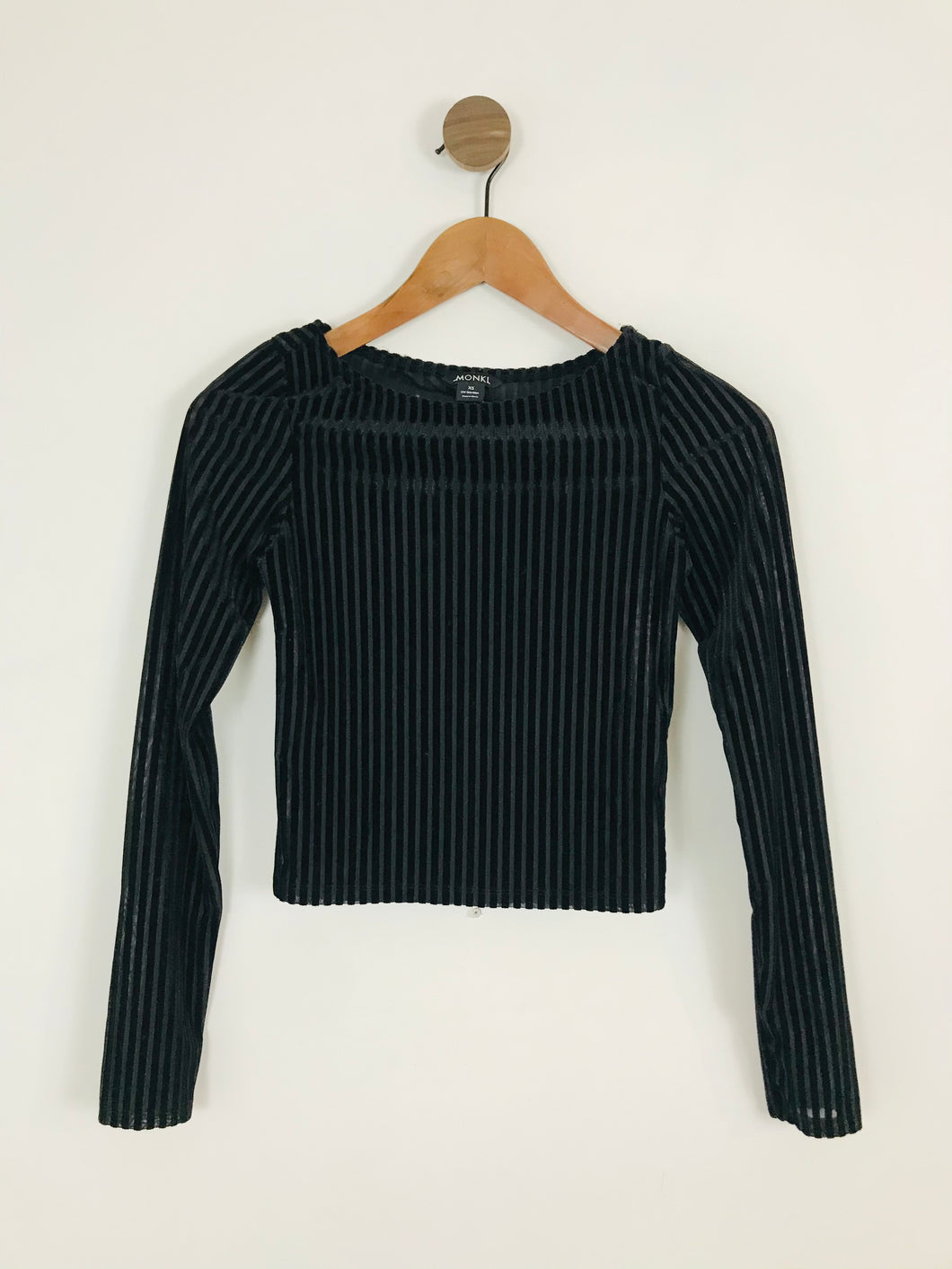 Monki Women’s Velvet Devore Stripe Long Sleeve Top | UK6 | Black
