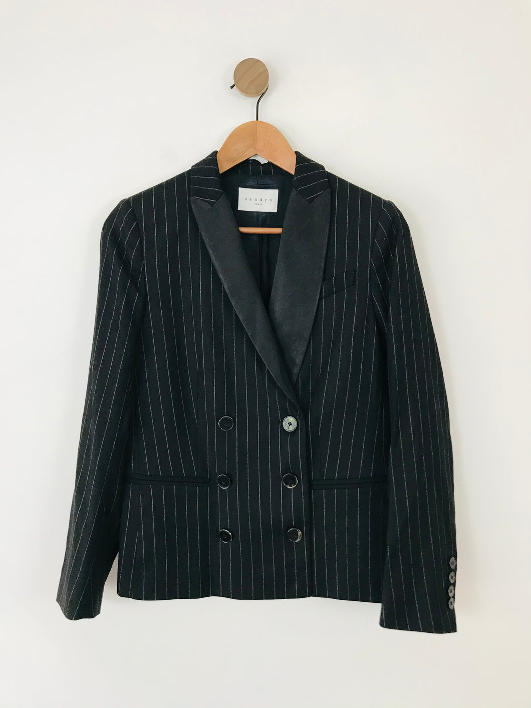 Sandro Women's Striped Double Breasted Suit Jacket Blazer Jacket | 38 UK10 | Black