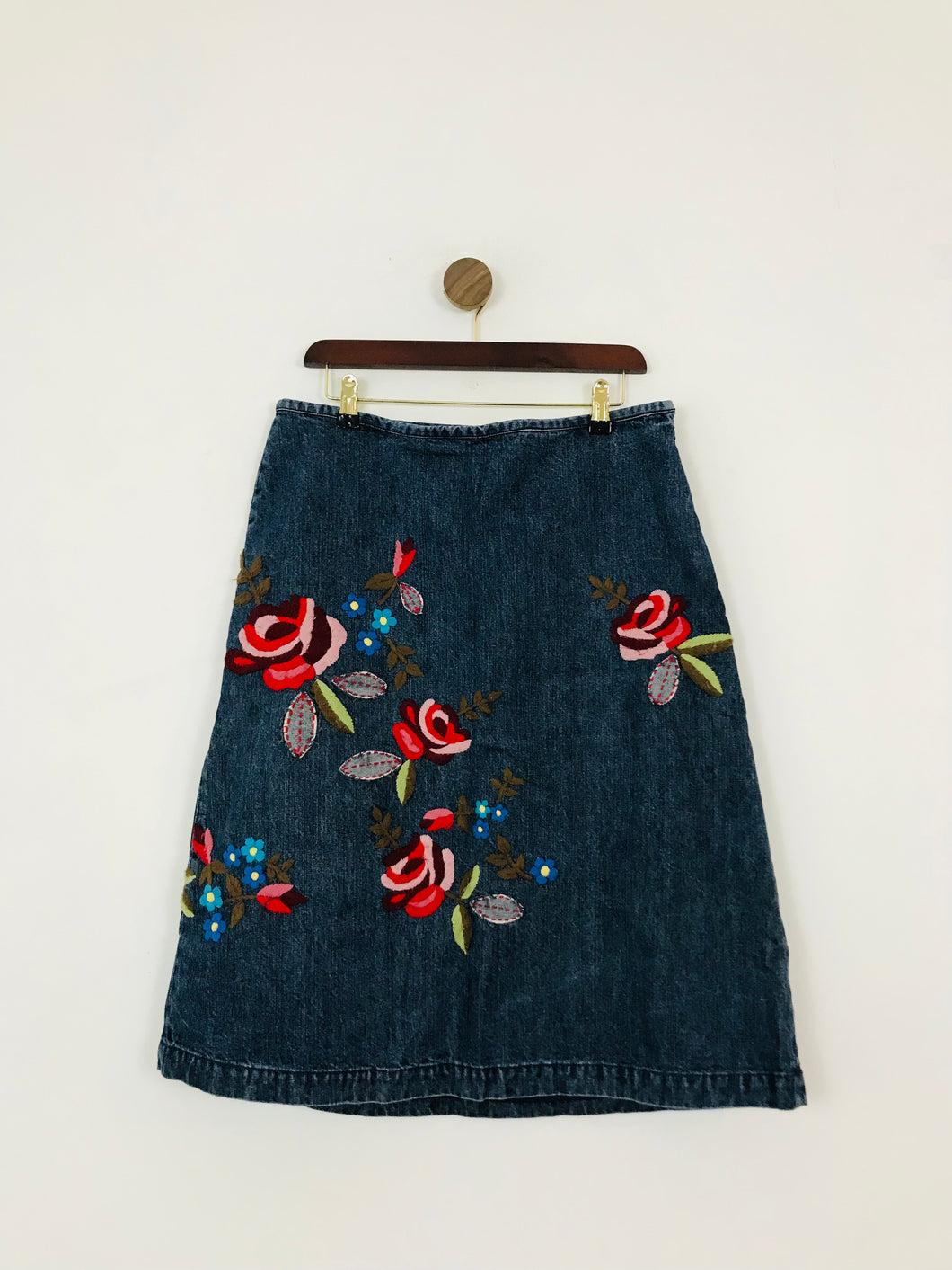 Boden Women's Floral Embroidered Denim A-Line Skirt | UK14 | Blue