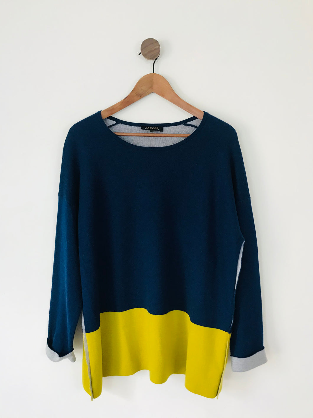 Jaeger Women’s Colour Block Wool Jumper | XL UK16 | Blue Yellow
