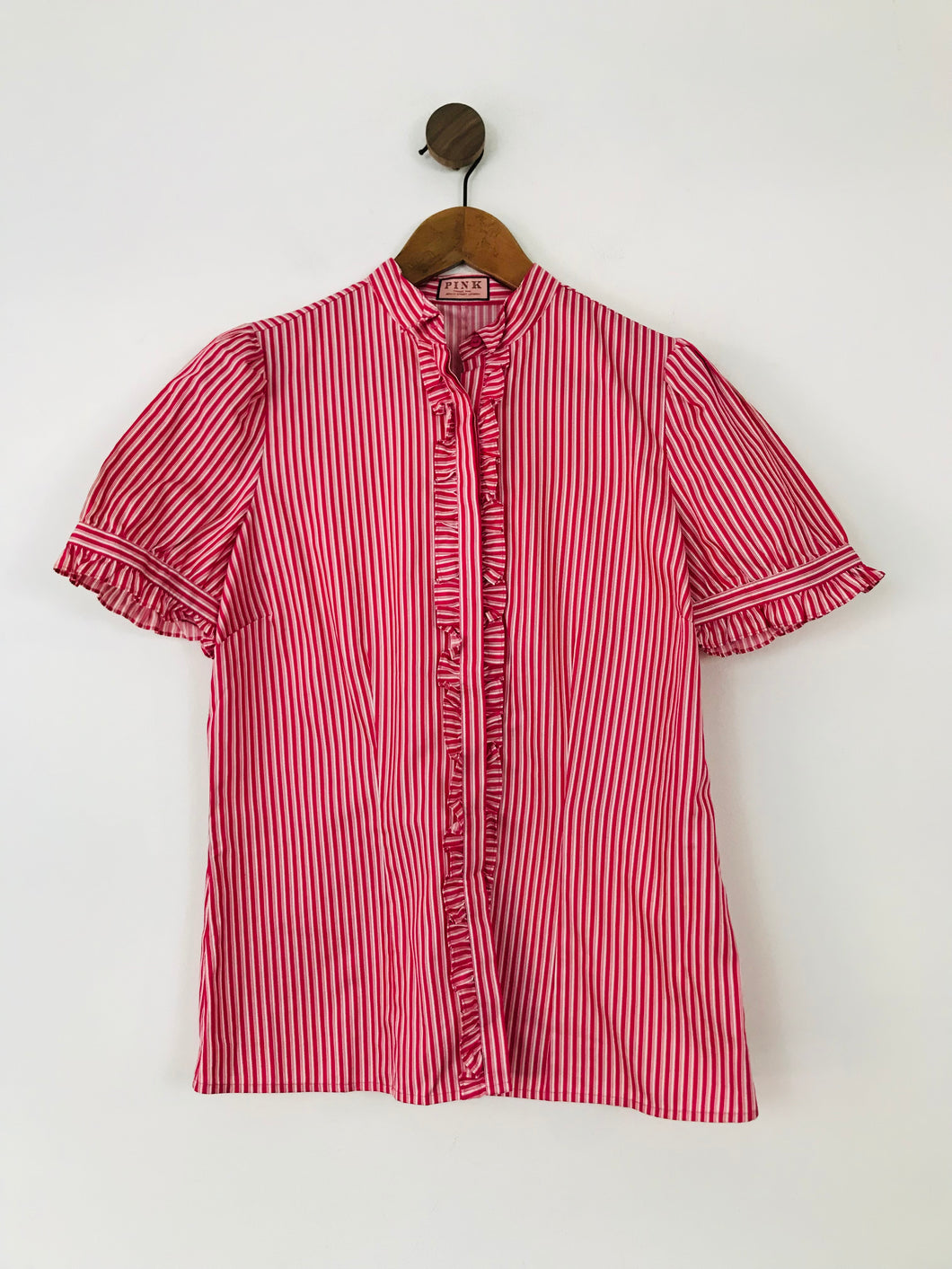 Thomas Pink Women's Striped Ruffle Button-Up Shirt | UK14 | Pink