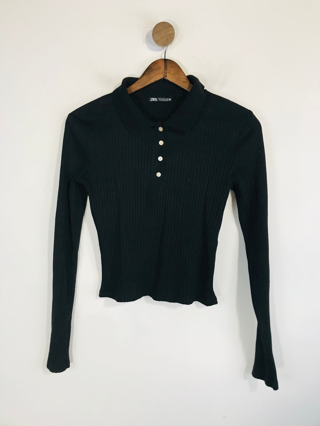 Zara Women's Long Sleeve Ribbed Polo Shirt | S UK8 | Black