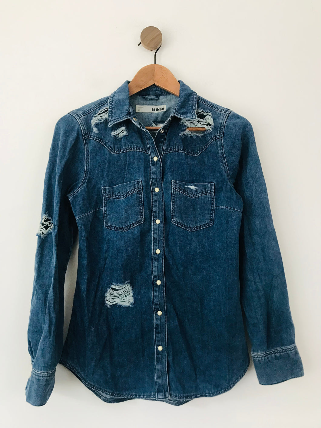 Topshop Women's Distressed Chambray Button-Up Shirt | UK6 | Blue