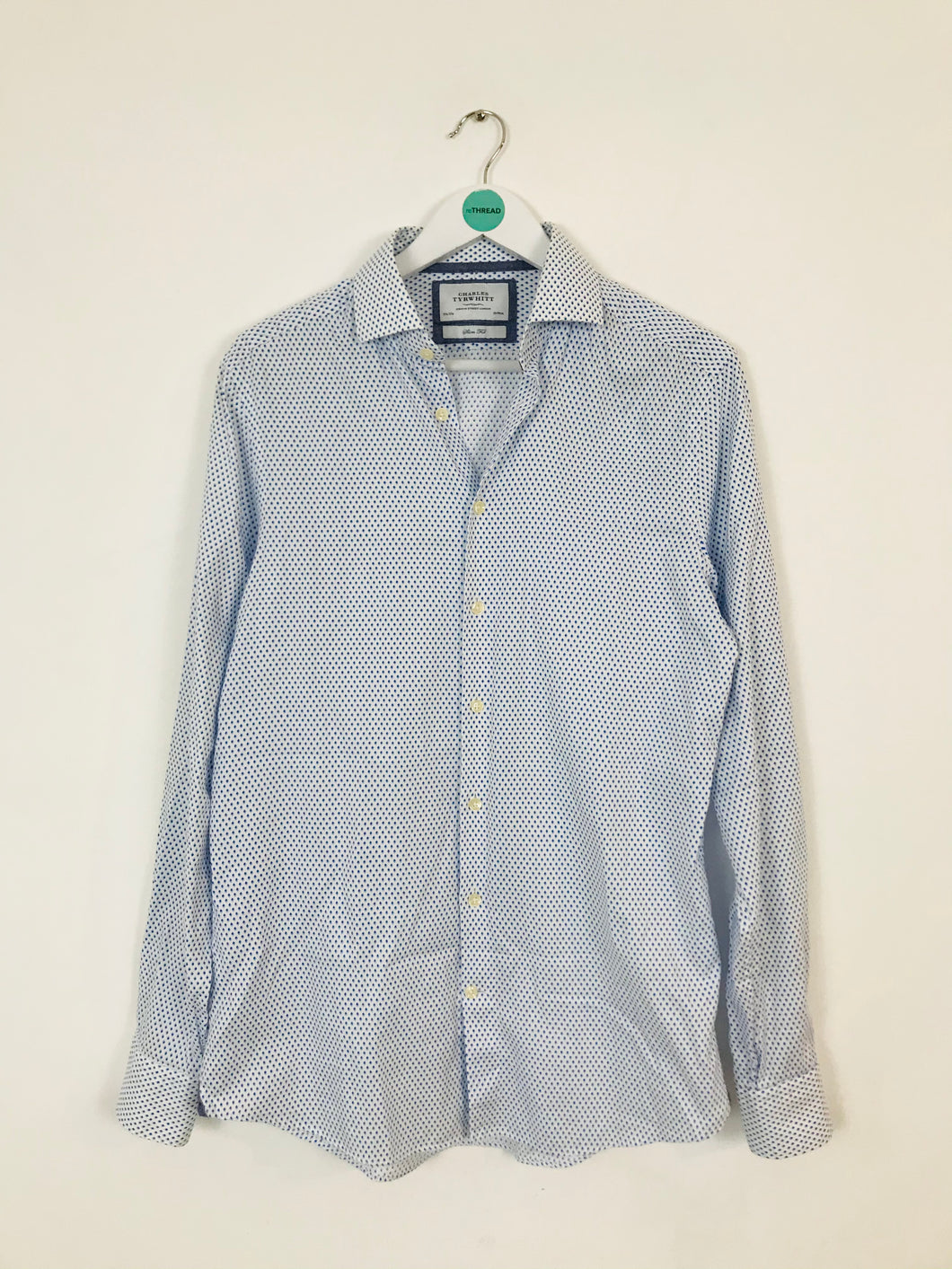 Charles Tyrwhitt Men’s Diamond Print Slim Fit Shirt | 15.5 / 37” 39/94cm | White and blue