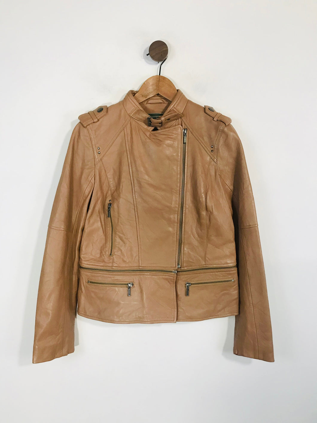 Mint Velvet Women's Leather Zip Biker Jacket | UK12 | Brown Beige