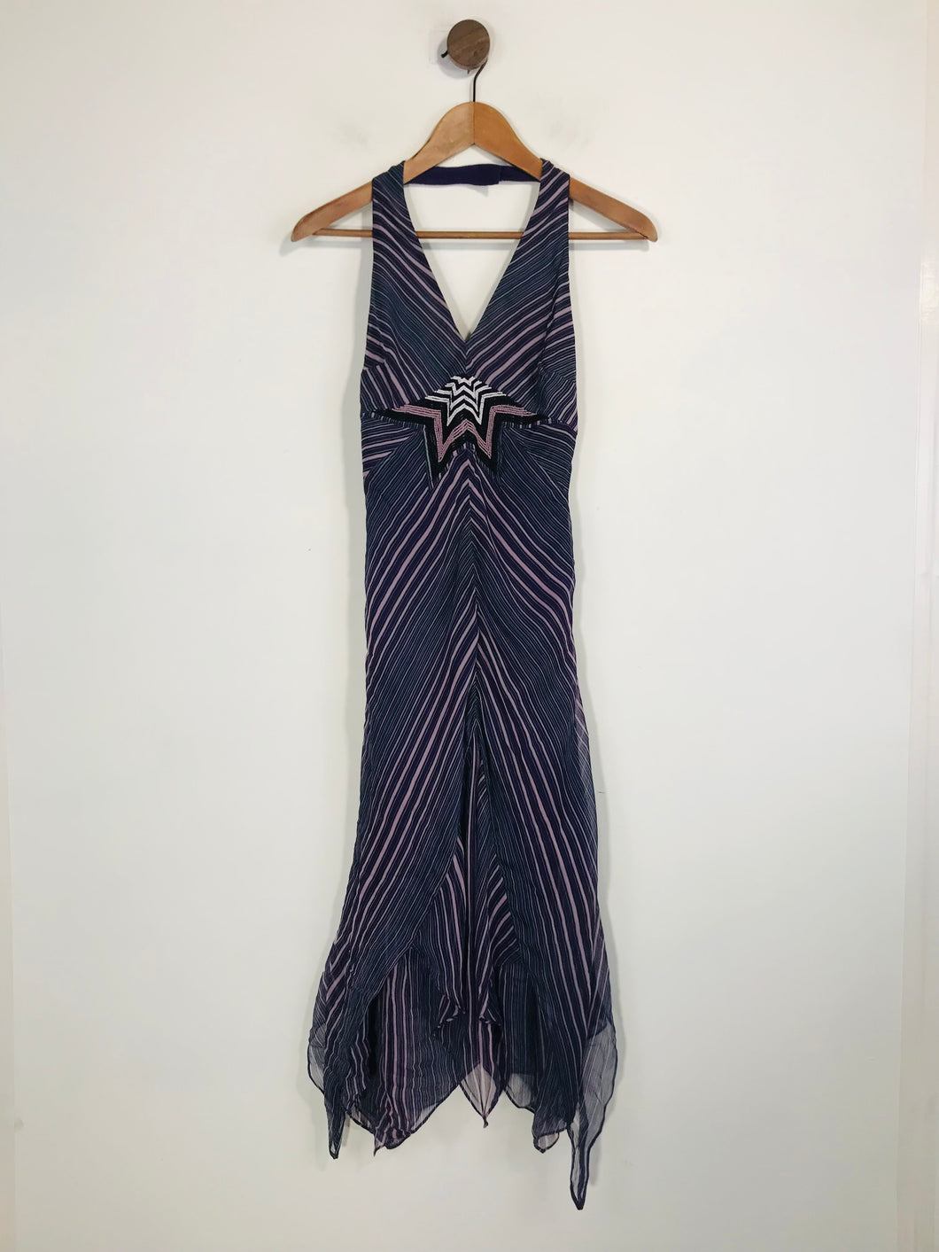 Karen Millen Women's Striped Silk Halter Neck Midi Dress | UK10 | Purple