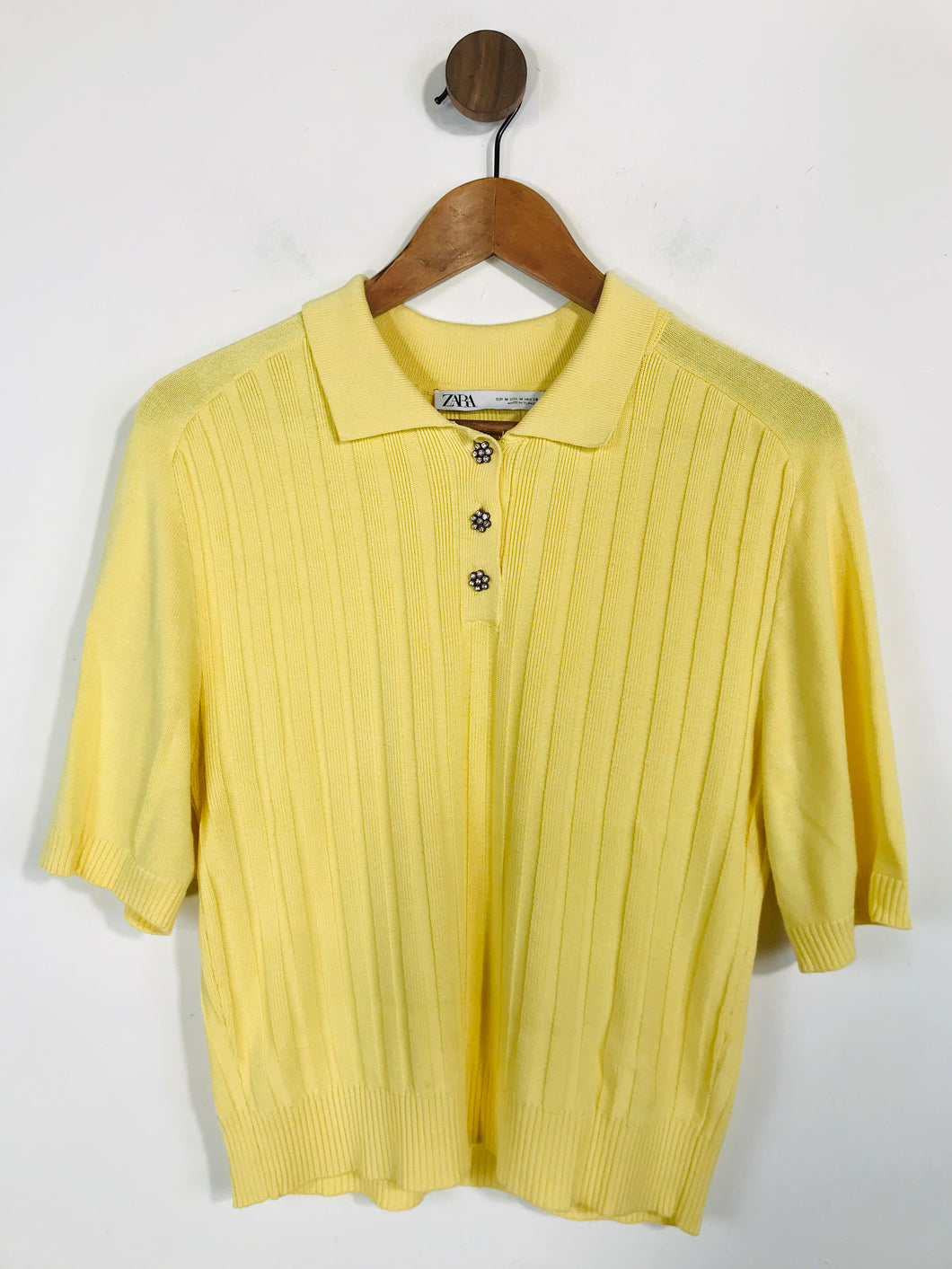 Zara Women's Knit Ribbed Collared Blouse | M UK10-12 | Yellow