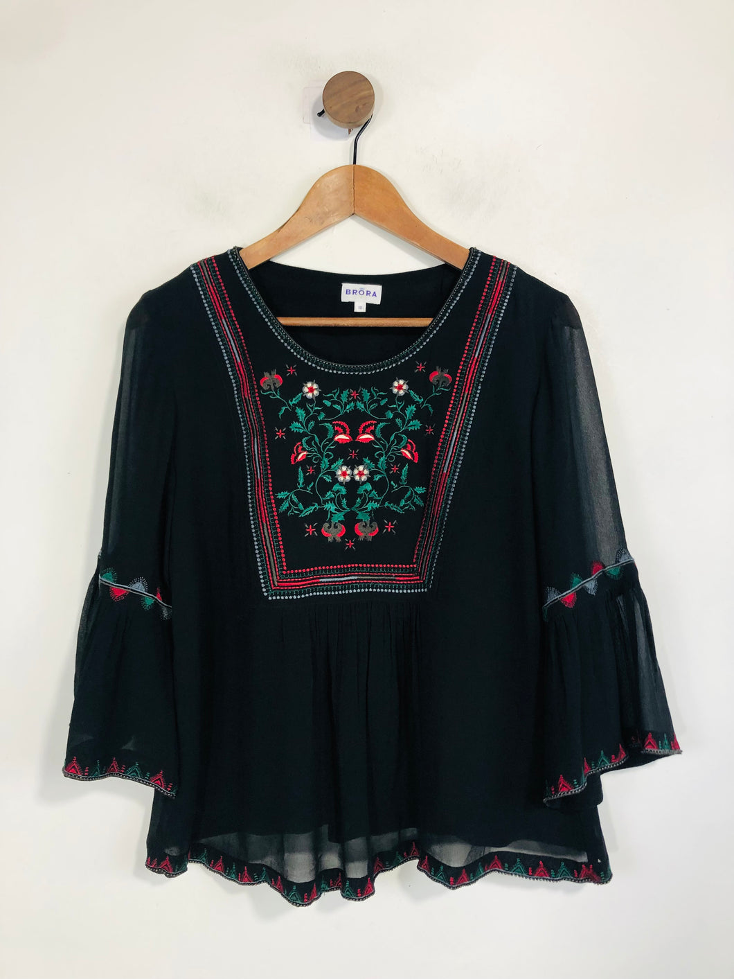 Brora Women's Silk Embroidered Blouse | UK10 | Black