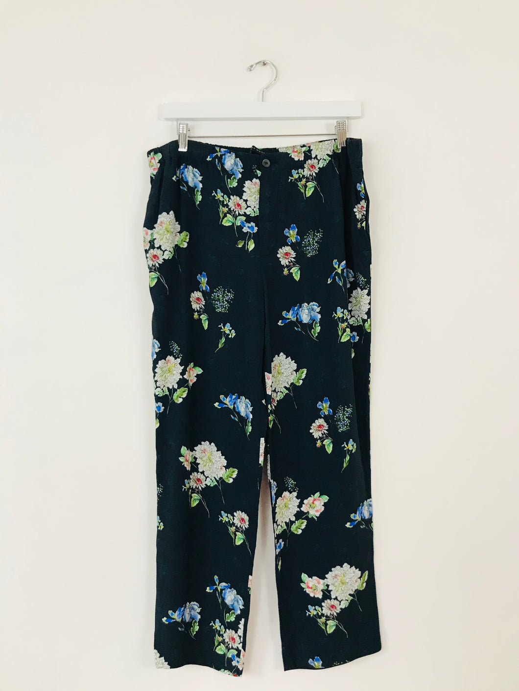 Zara Women’s Floral Wide Leg Culottes Trousers | L | Dark Navy