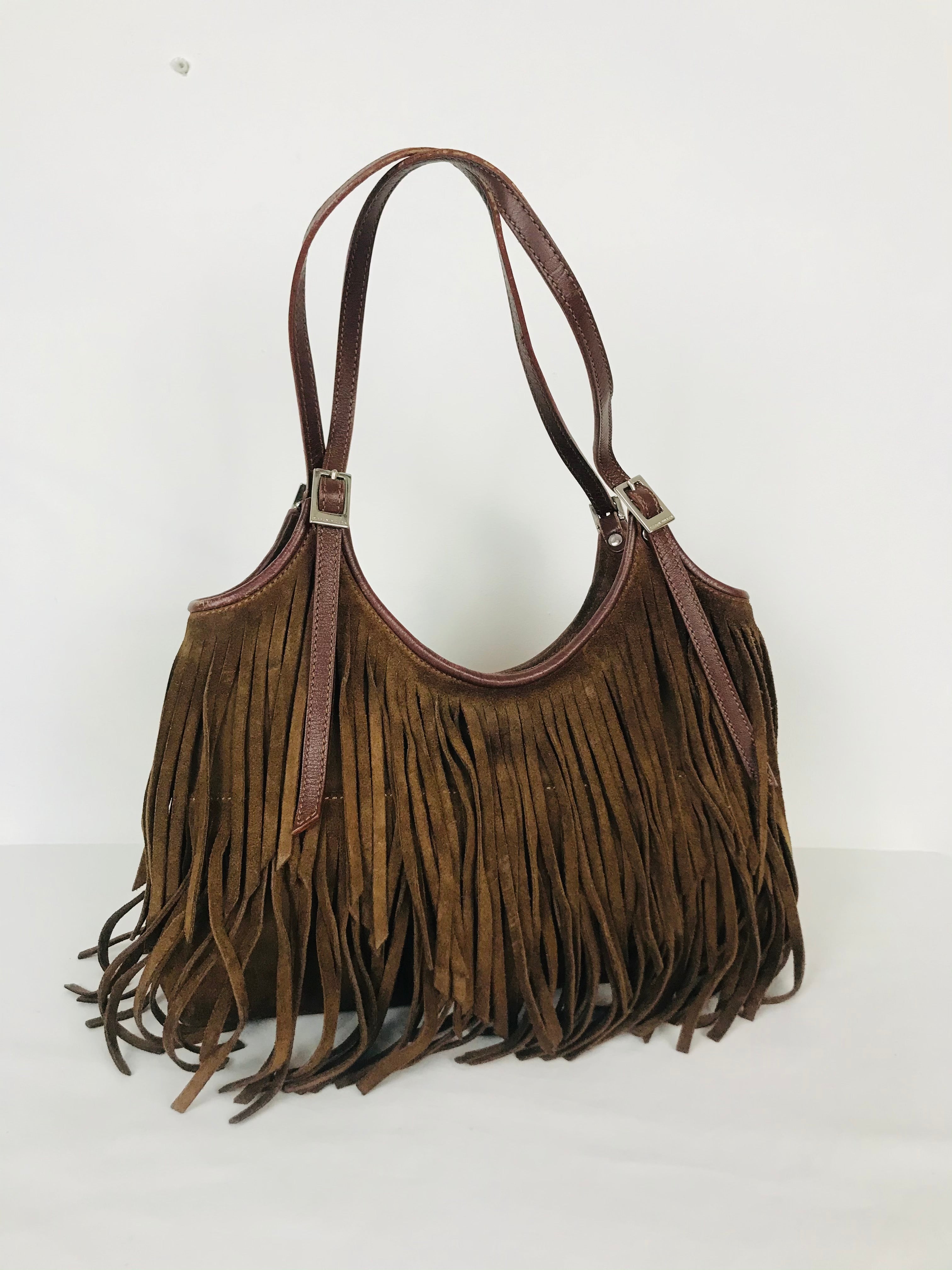 Sanna Suede Leather Mini Fringe Bag in Brown