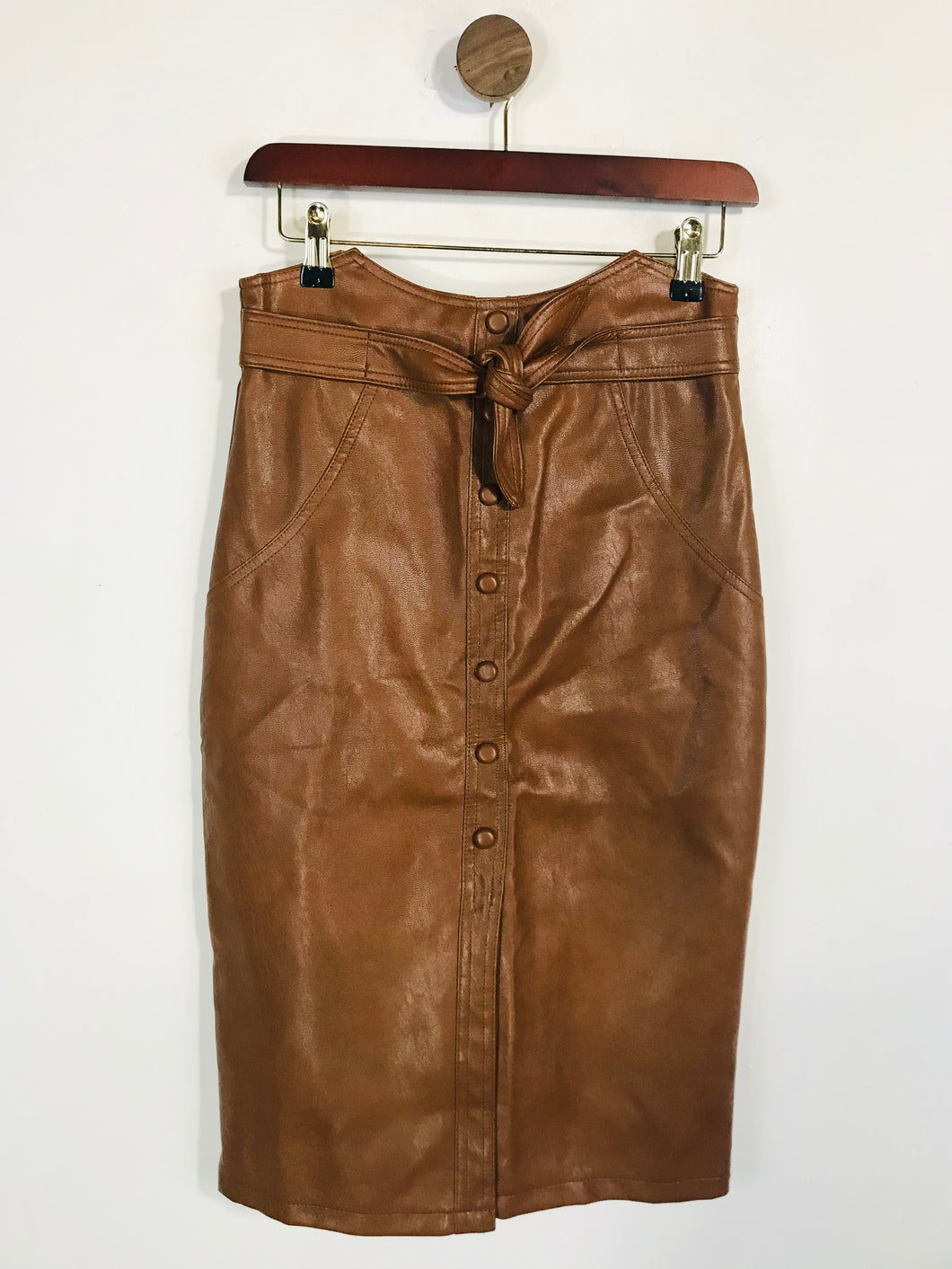 Glassworks London Women's Faux Leather High Waist Pencil Skirt | M UK10-12 | Brown