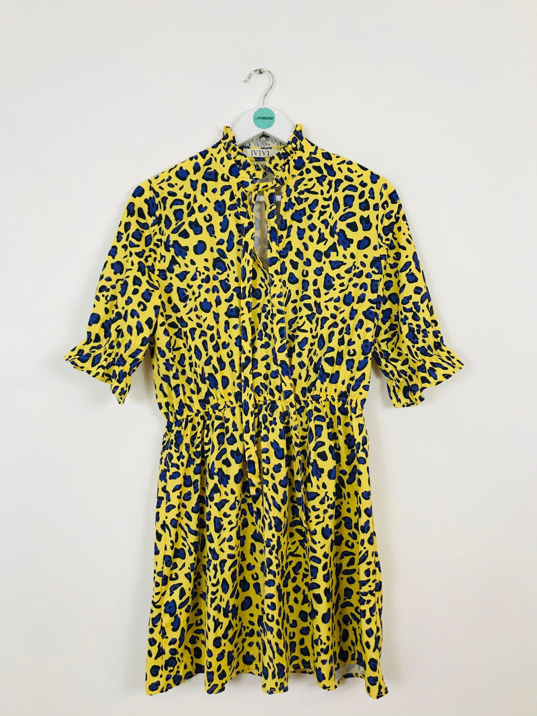 IVIVI Women’s Leopard Print Ruffle Smock Dress | L | Yellow