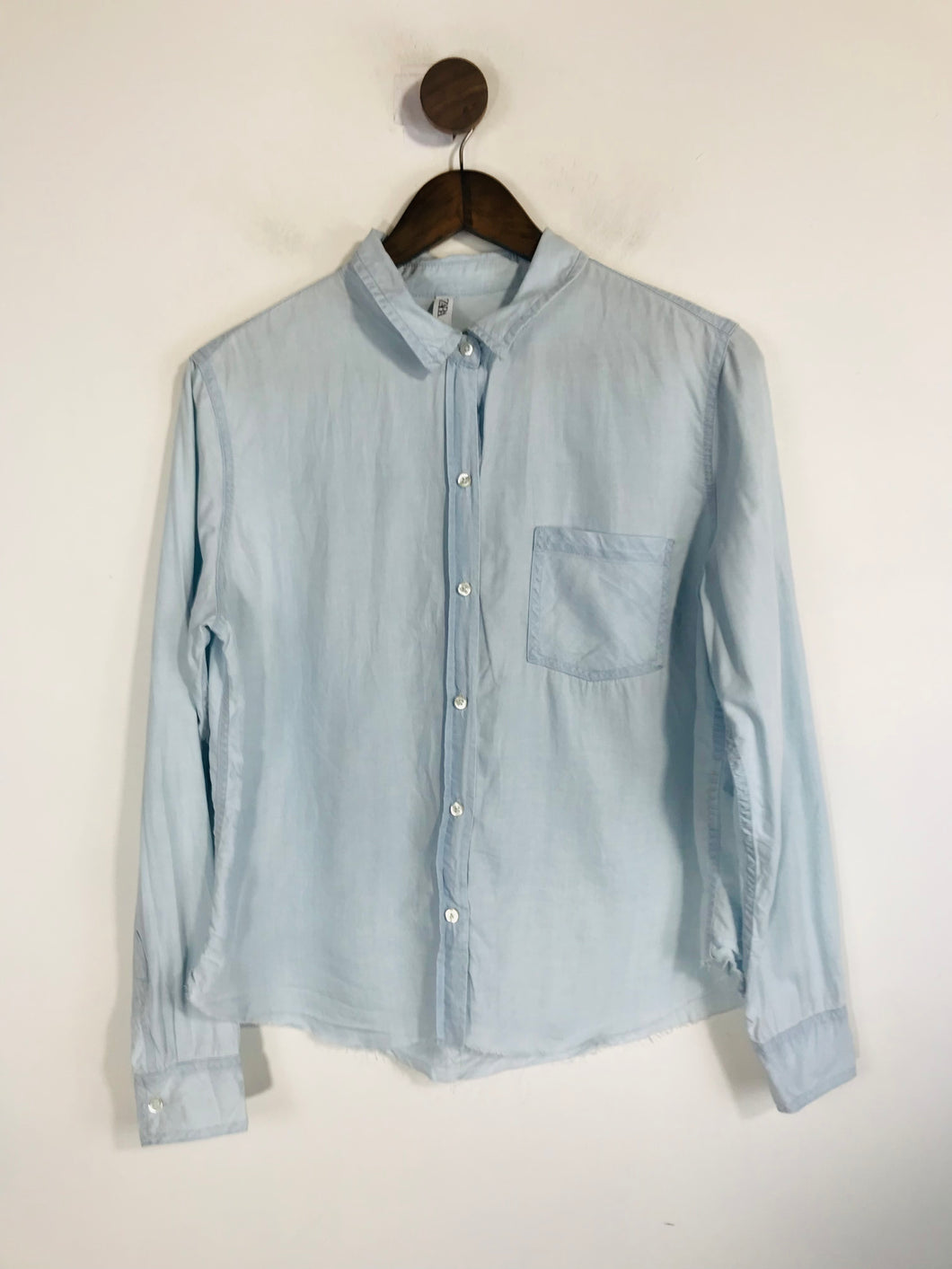 Zara Women's Crop Raw Hem Button-Up Shirt | S UK8 | Blue