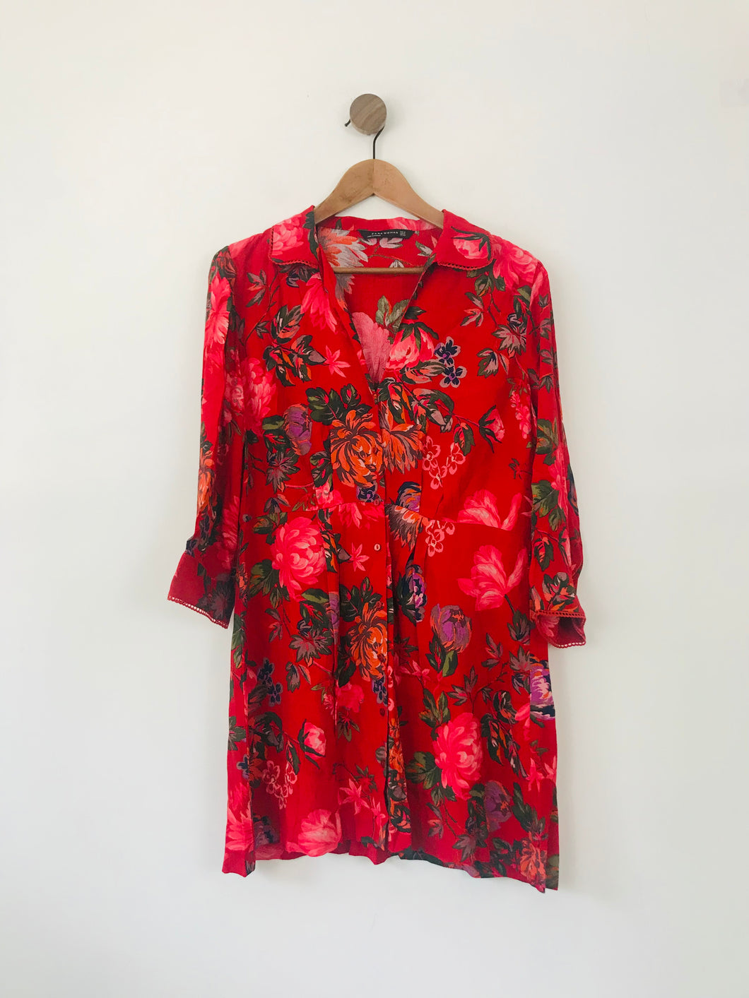Zara Women's Floral Mini Shirt Dress | XL UK16 | Red