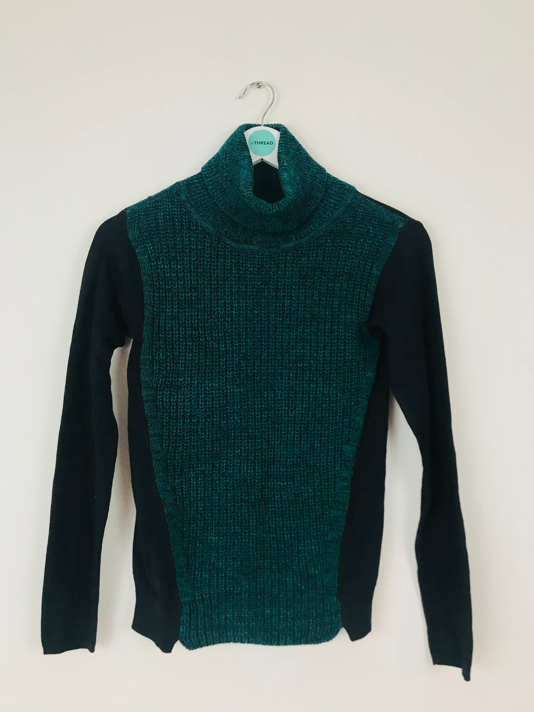 Karen Millen Womens Contrast Roll-Neck Knit Jumper | Size 1 UK8 | Green Black
