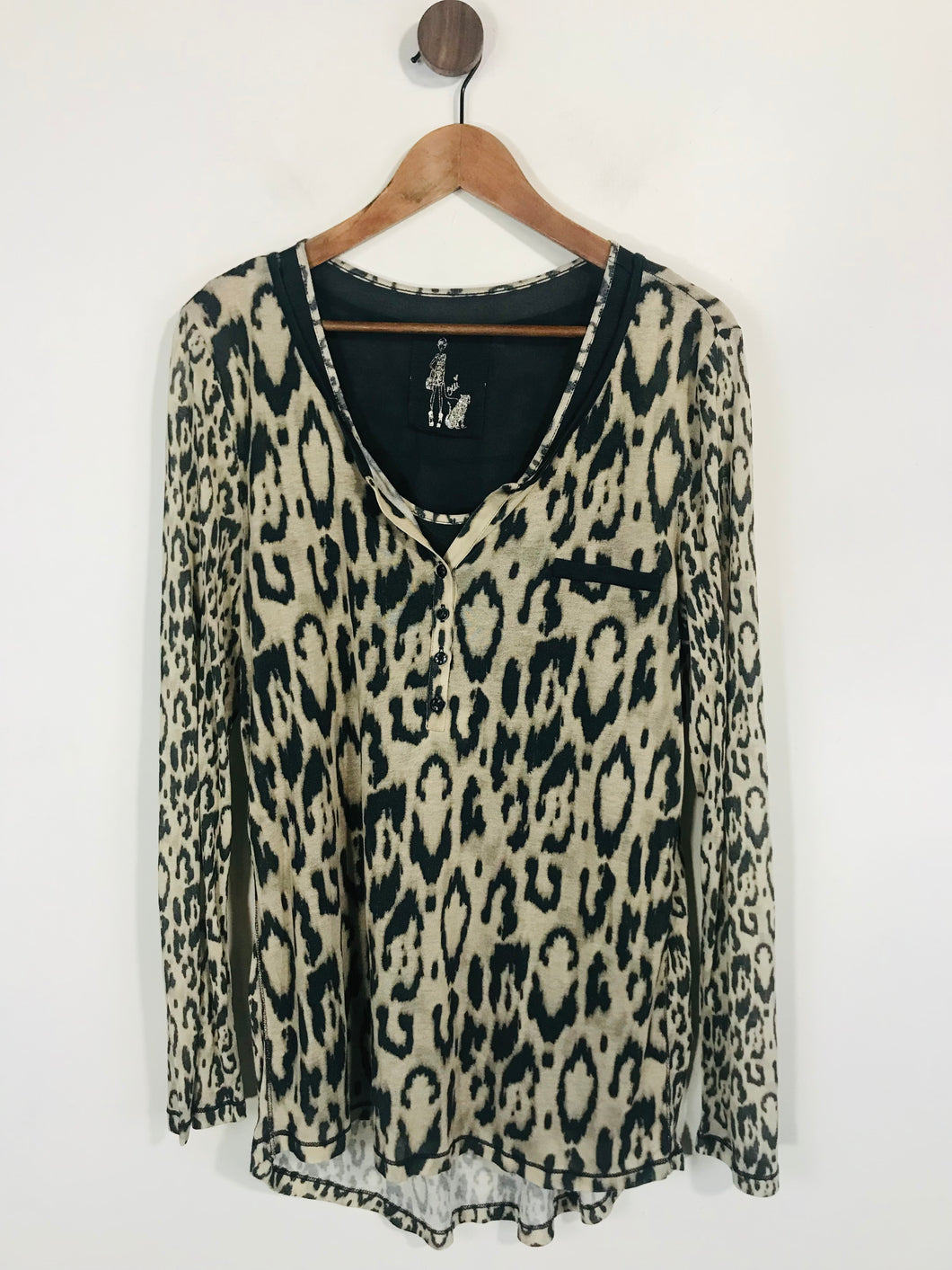 Oui Women's Leopard Print Henley T-Shirt | UK16 | Beige