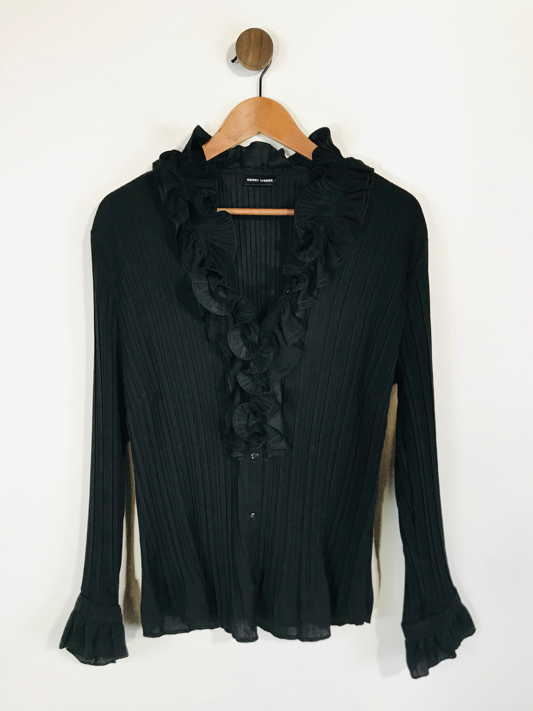 Gerry Weber Women's Pleated Ruffle Button-Up Shirt | L UK14 | Black