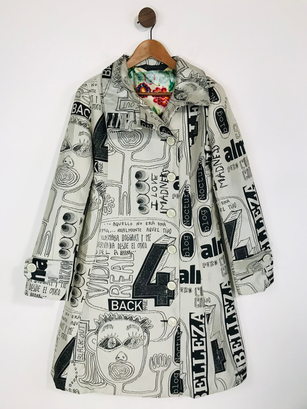 Desigual Women's Jacquard Statement Print Overcoat Coat | UK12 | White