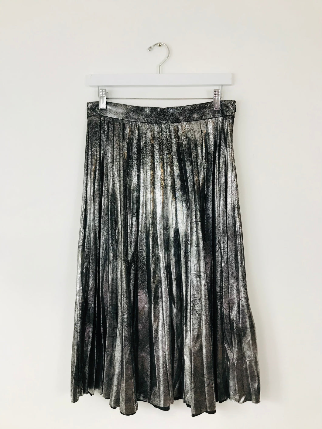 Zara Women’s Pleated Metallic Silver Glittery Midi Skirt | M | Grey