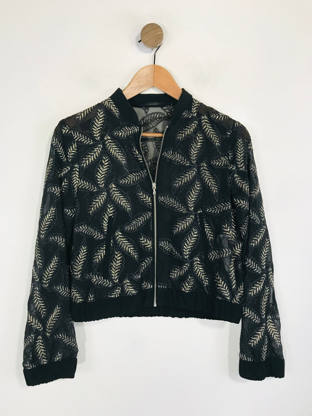 Zara Women's Sheer Embroidered Bomber Jacket | S UK8 | Black