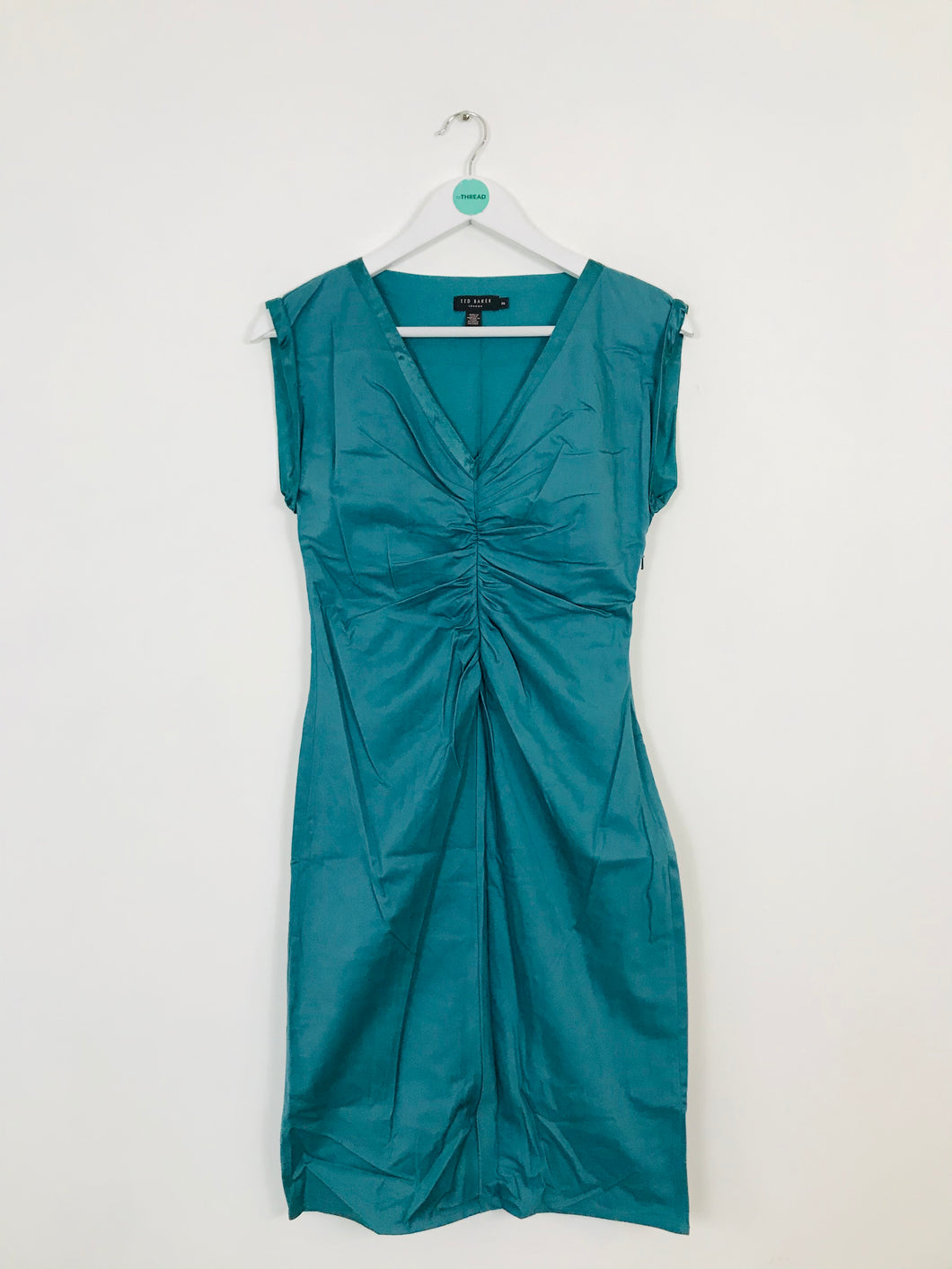 Ted Baker Women’s V-Neck Ruched Bodycon Dress | 2 UK10 | Teal Blue