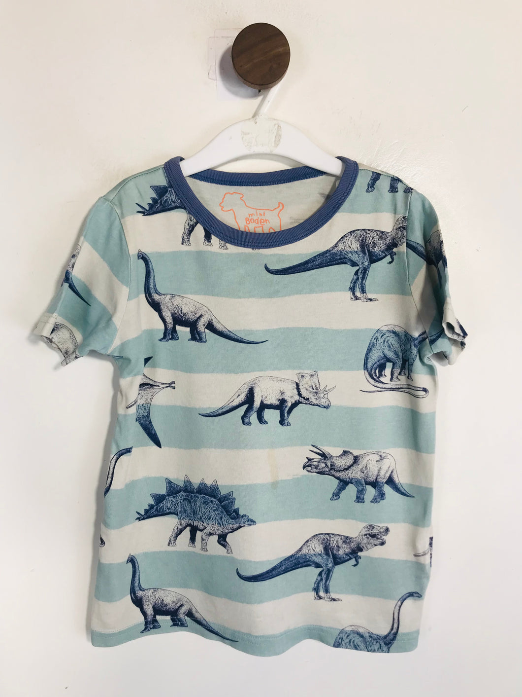 Boden Kid's Striped Dinosaur Print T-Shirt | 4-6 Years | Blue
