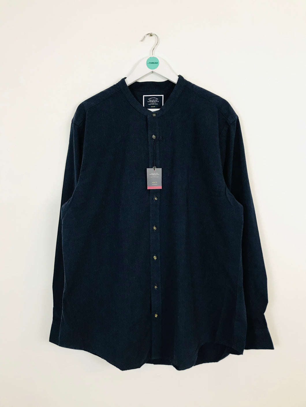 Charles Tyrwitt Men’s Slim Fit Collarless Shirt | UK XL | Navy