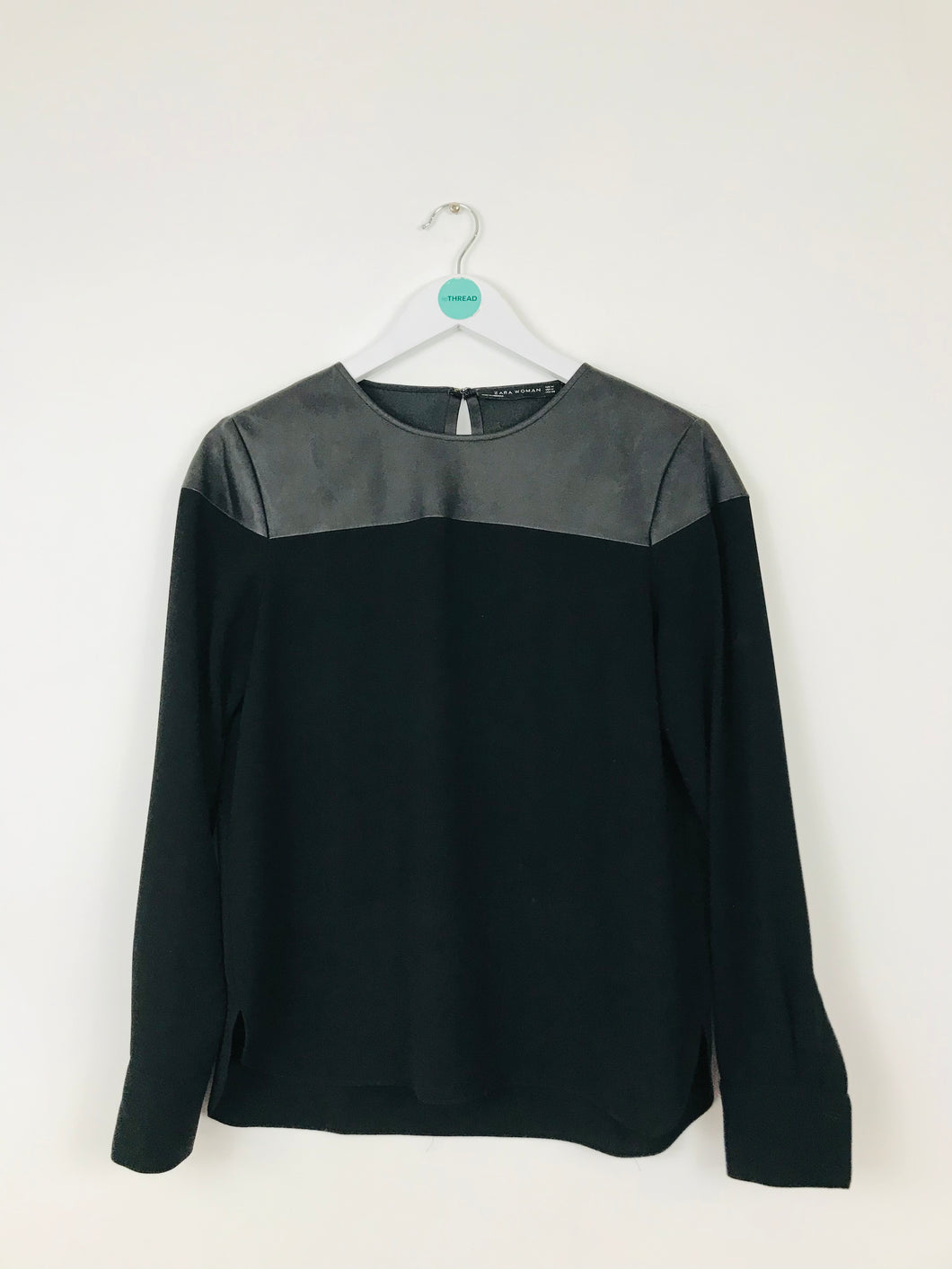 Zara Womens Leather Panel Long Sleeve Blouse | M | Black