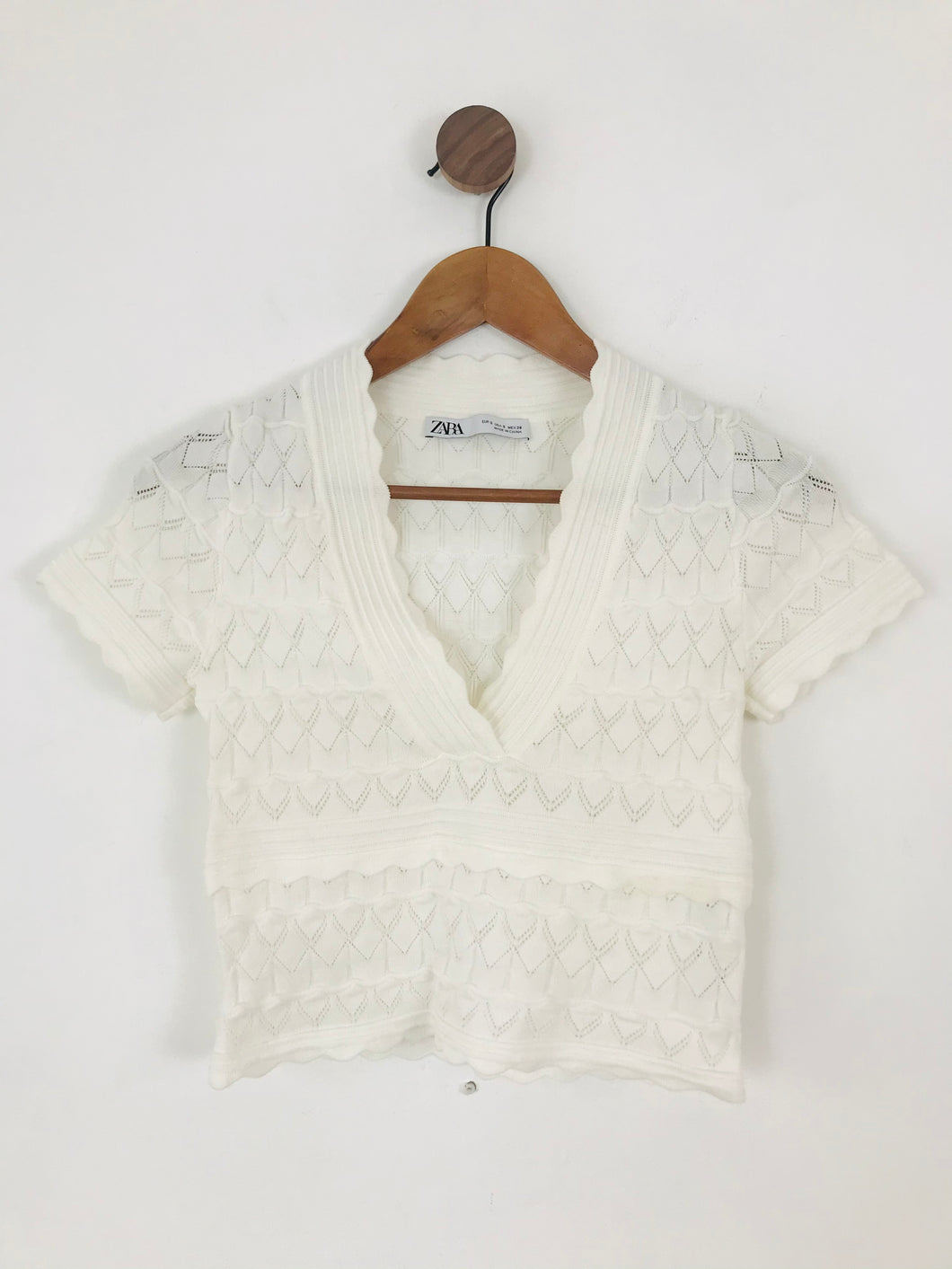 Zara Women’s V Neck Crochet Cropped Top | S UK8 | White