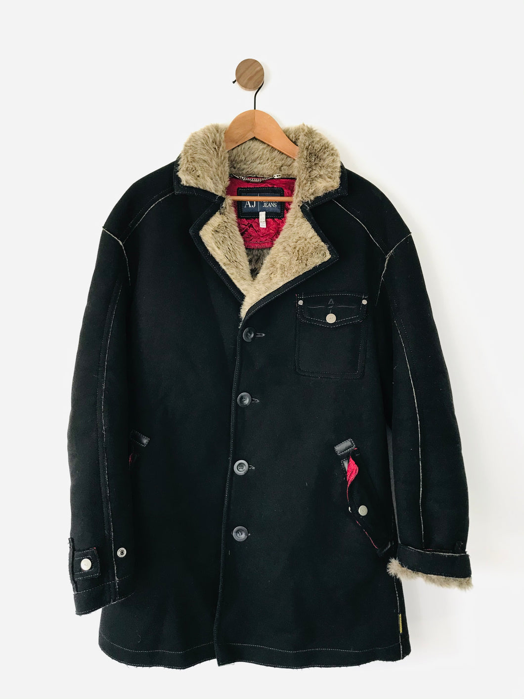 Armani Jeans Men’s Fur Lined Shearling Coat Jacket | 50 M | Black