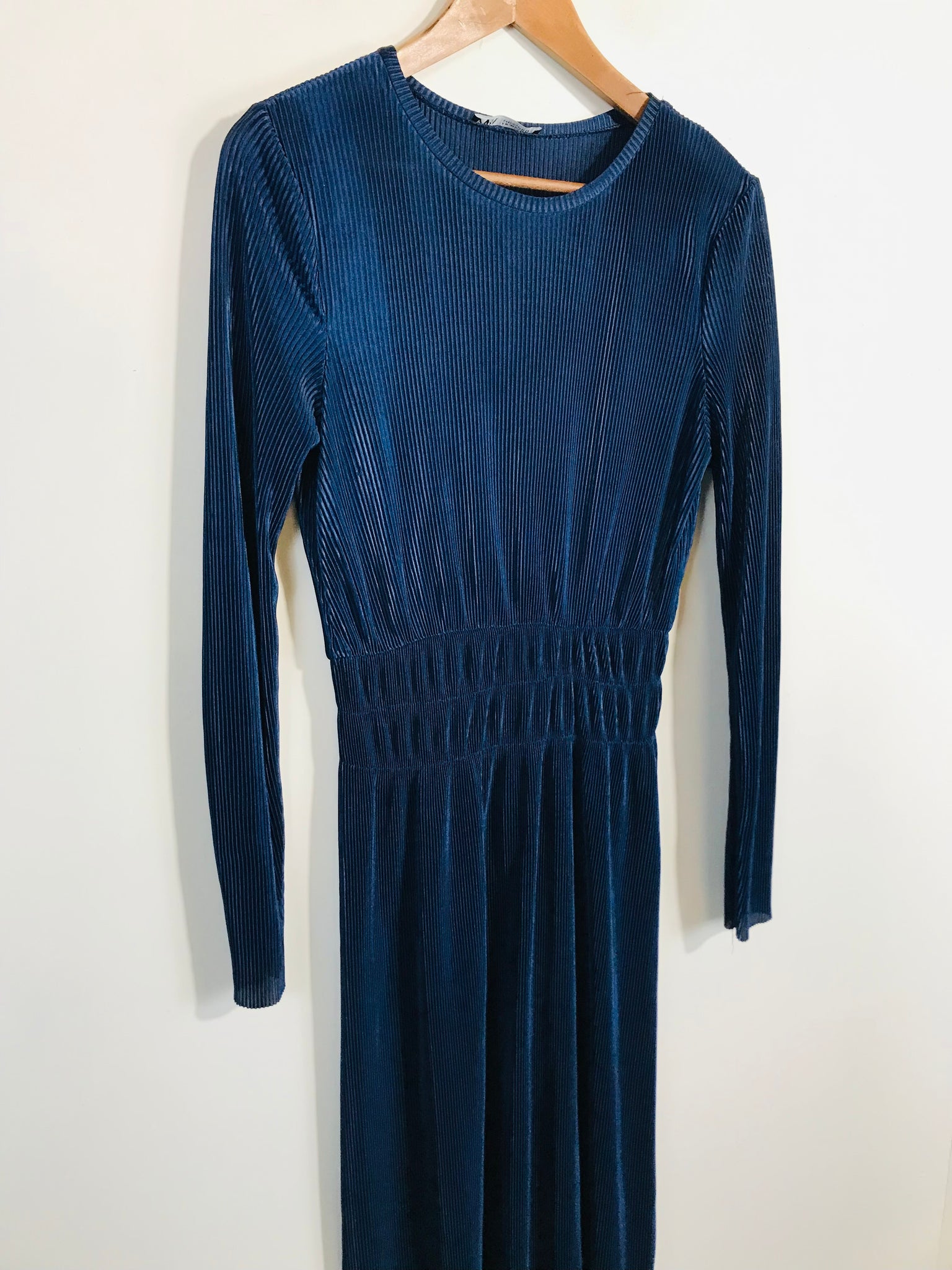 blue pleated zara dress ZW COLLECTION PLEATED POPLIN DRESS - Blue / Gray
