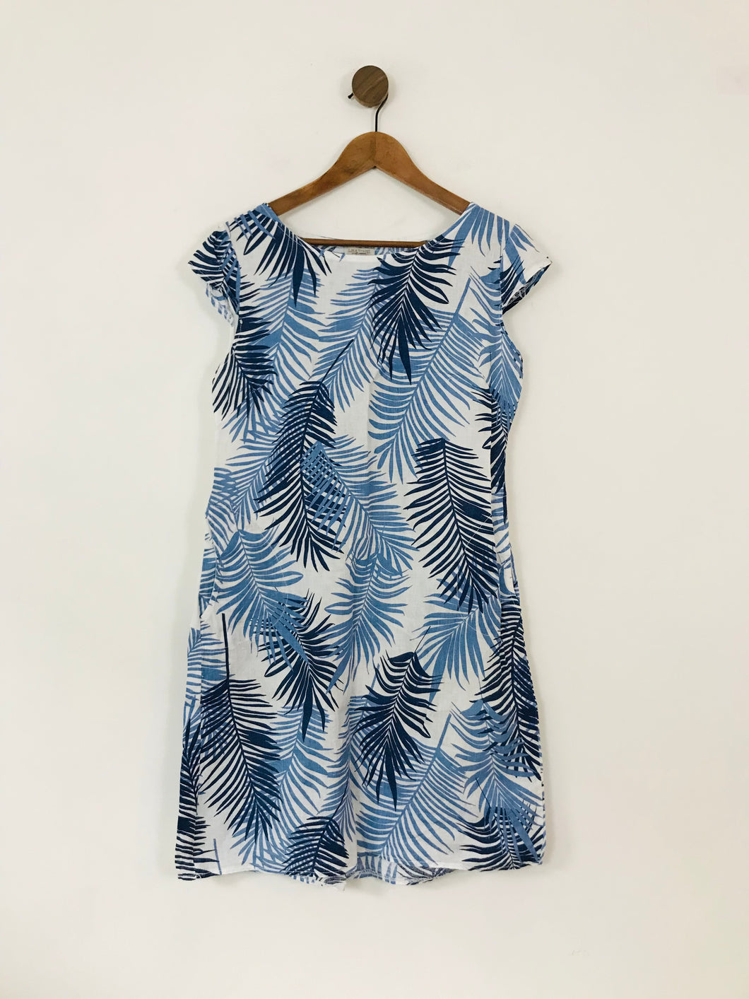 Lina Tomei Women's Linen Palm Print Shift Dress | L UK14 | Blue