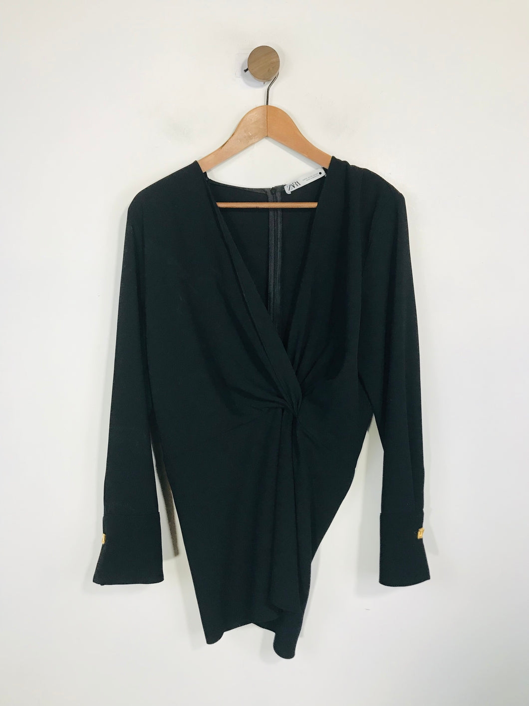 Zara Women's Pleated V-Neck Blouse | XL UK16 | Black