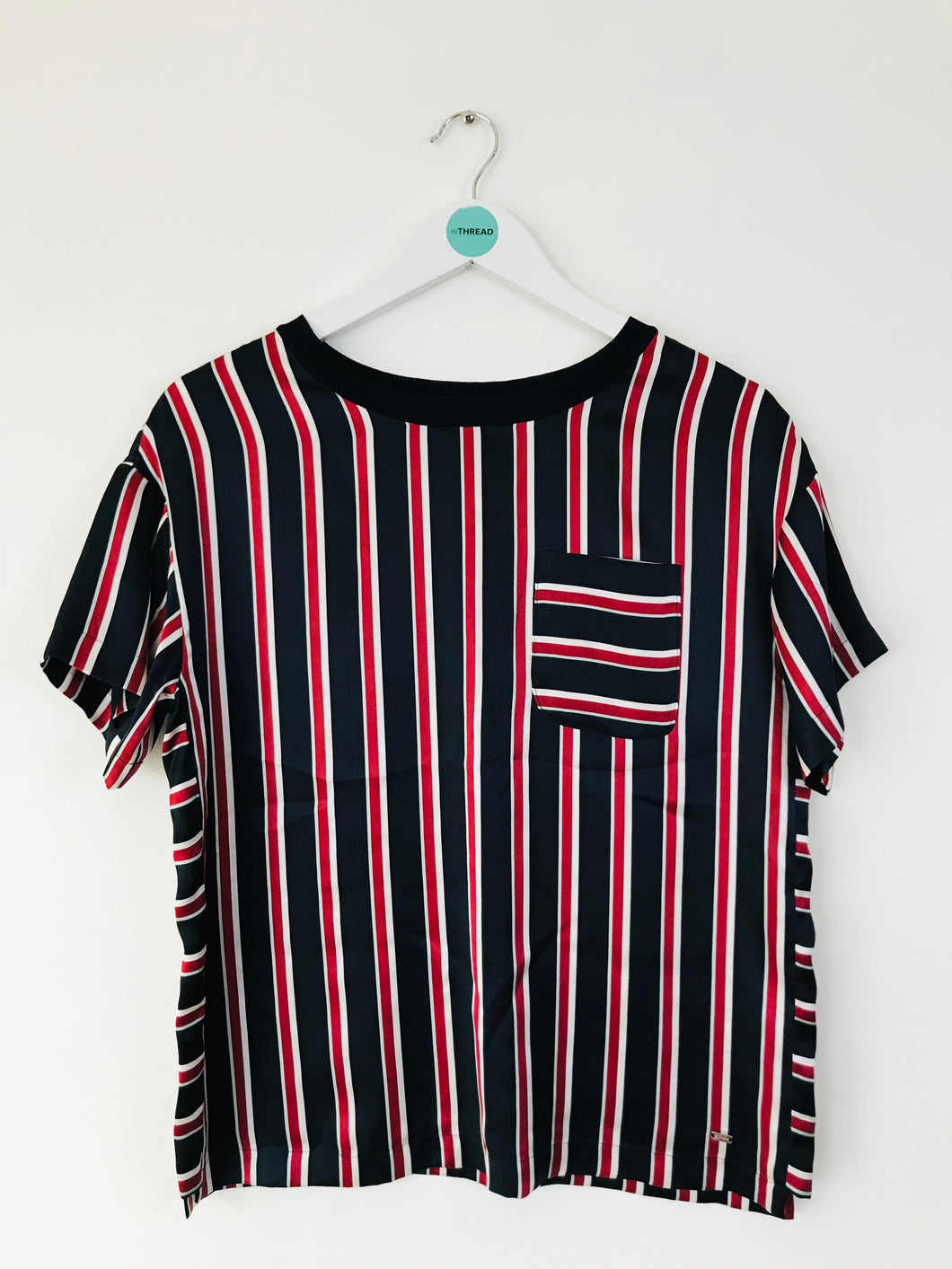 Tommy Hilfiger Women’s Silk Oversized Stripe T-shirt | US4 UK8 | Red Blue