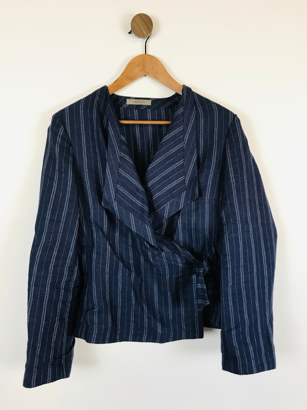 Jaeger Women's Linen Striped Tie Wrap Blouse | UK12 | Blue