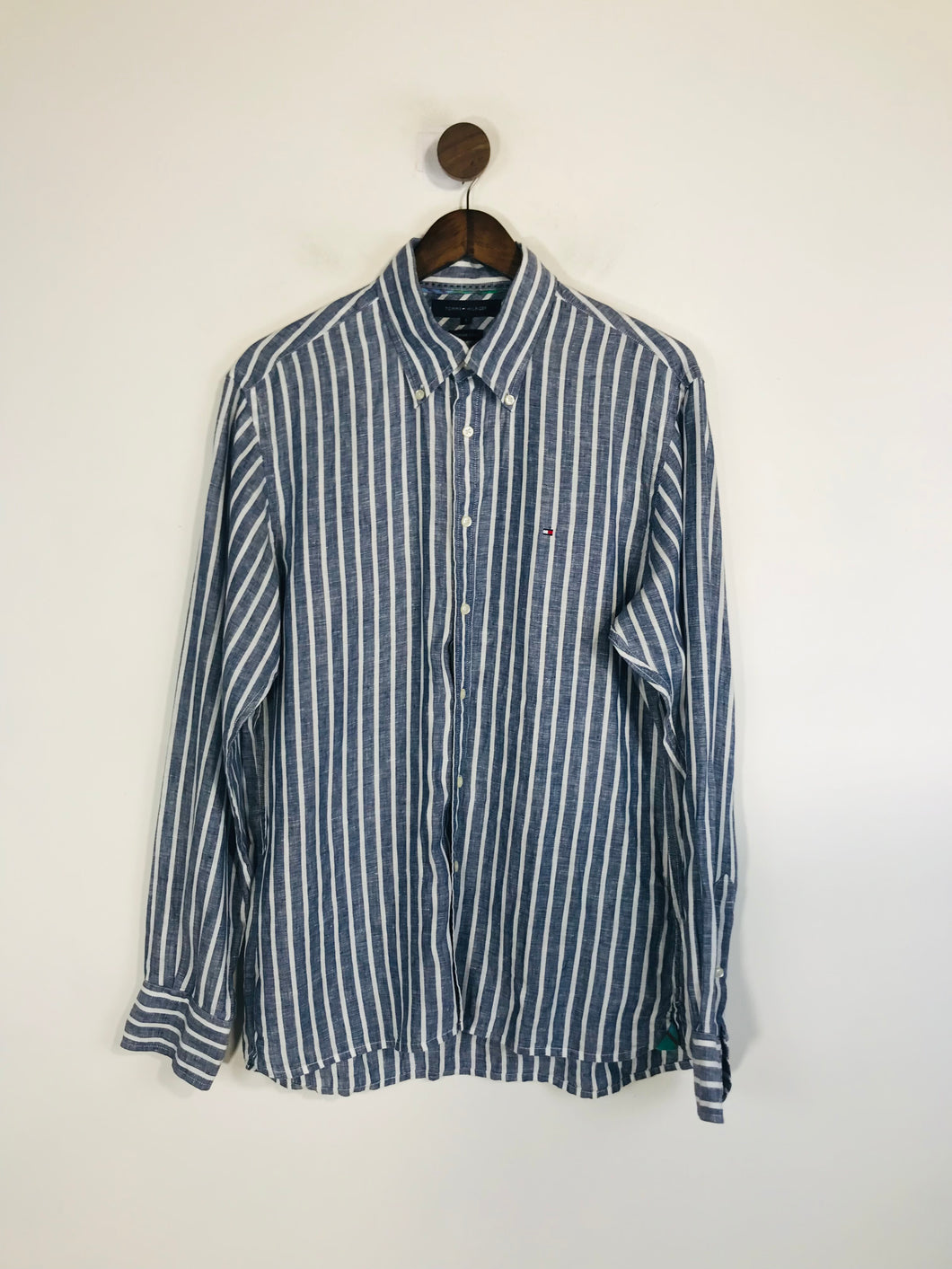 Tommy Hilfiger Men's Linen Striped Button-Up Shirt | L | Blue