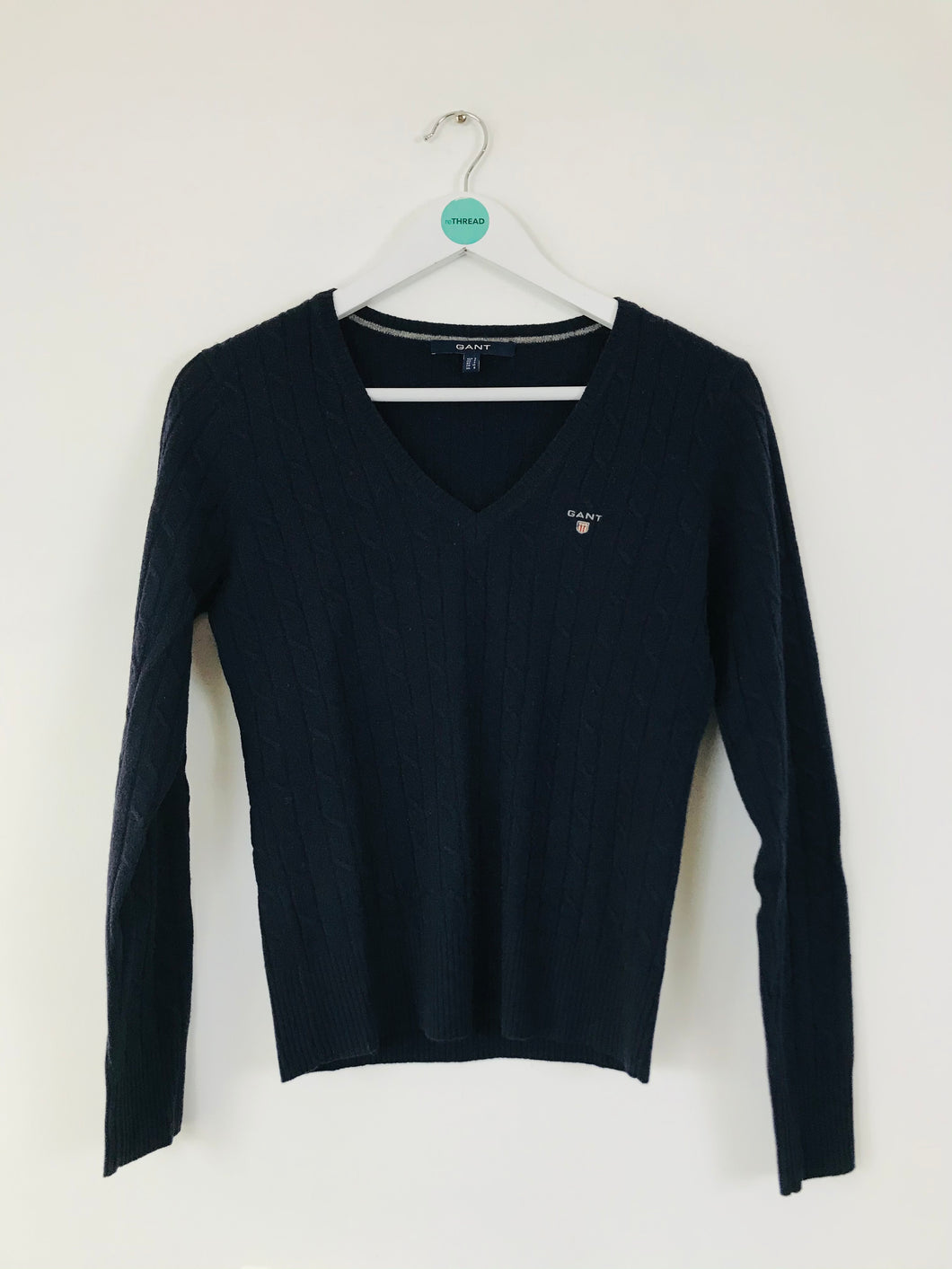 GANT Women’s V-neck Cable Knit Jumper | S UK8 | Blue