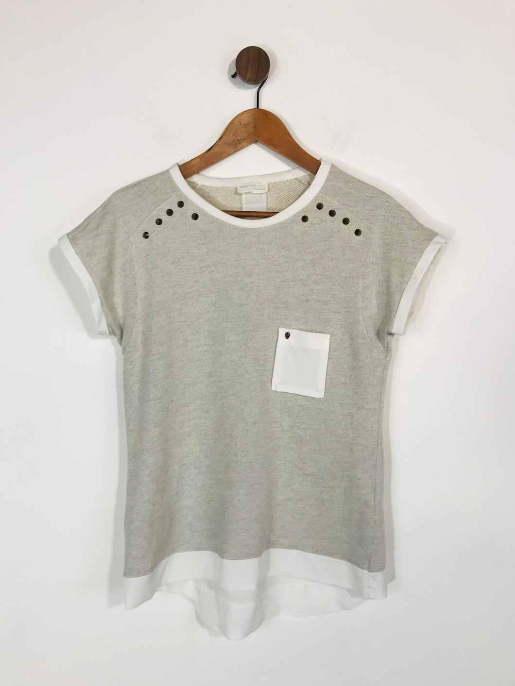 Zara Women's Pockets Embellished T-Shirt | M UK10-12 | Grey