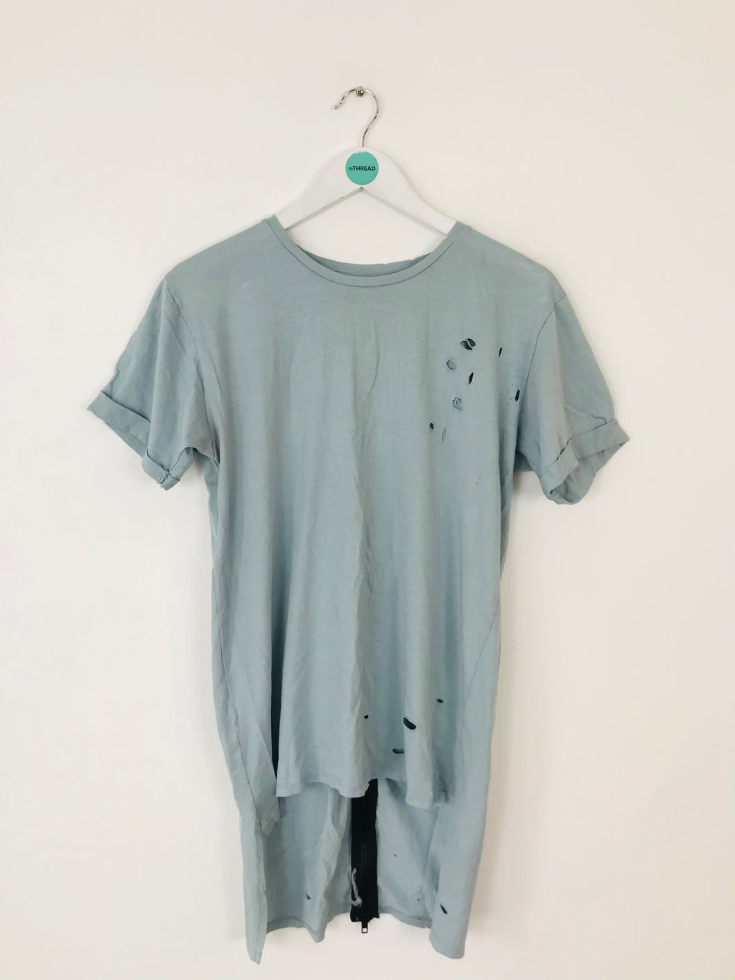 Zara Men’s Distressed Oversized Step Hem T-Shirt | S | Blue Grey