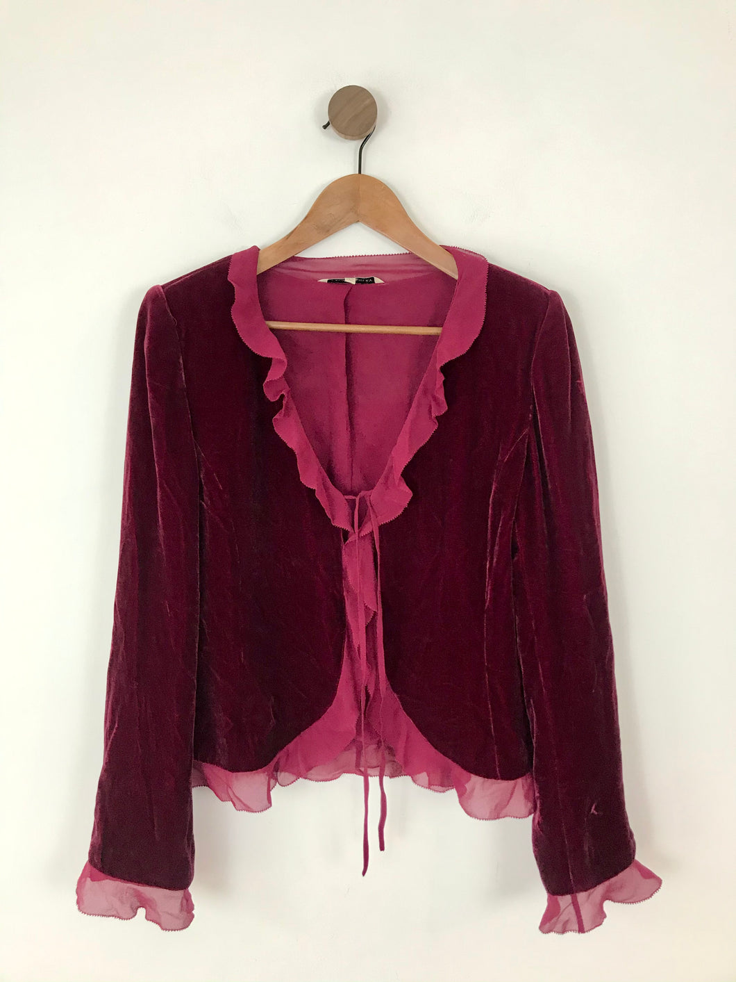 Laura Ashley Women’s Silk Frill Velvet Cardigan | UK10 | Burgundy Red