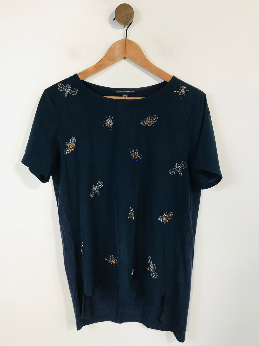 French connection Women's Embroidered Insect T-Shirt | UK12 | Blue