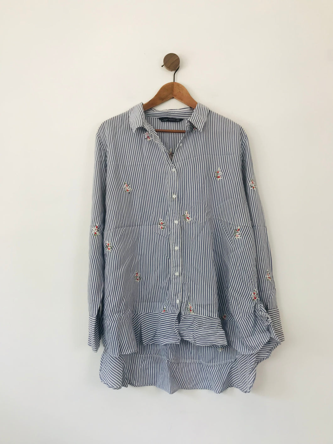 Zara Women's Striped Embroidered Button-Up Shirt | XXL UK18 | Blue